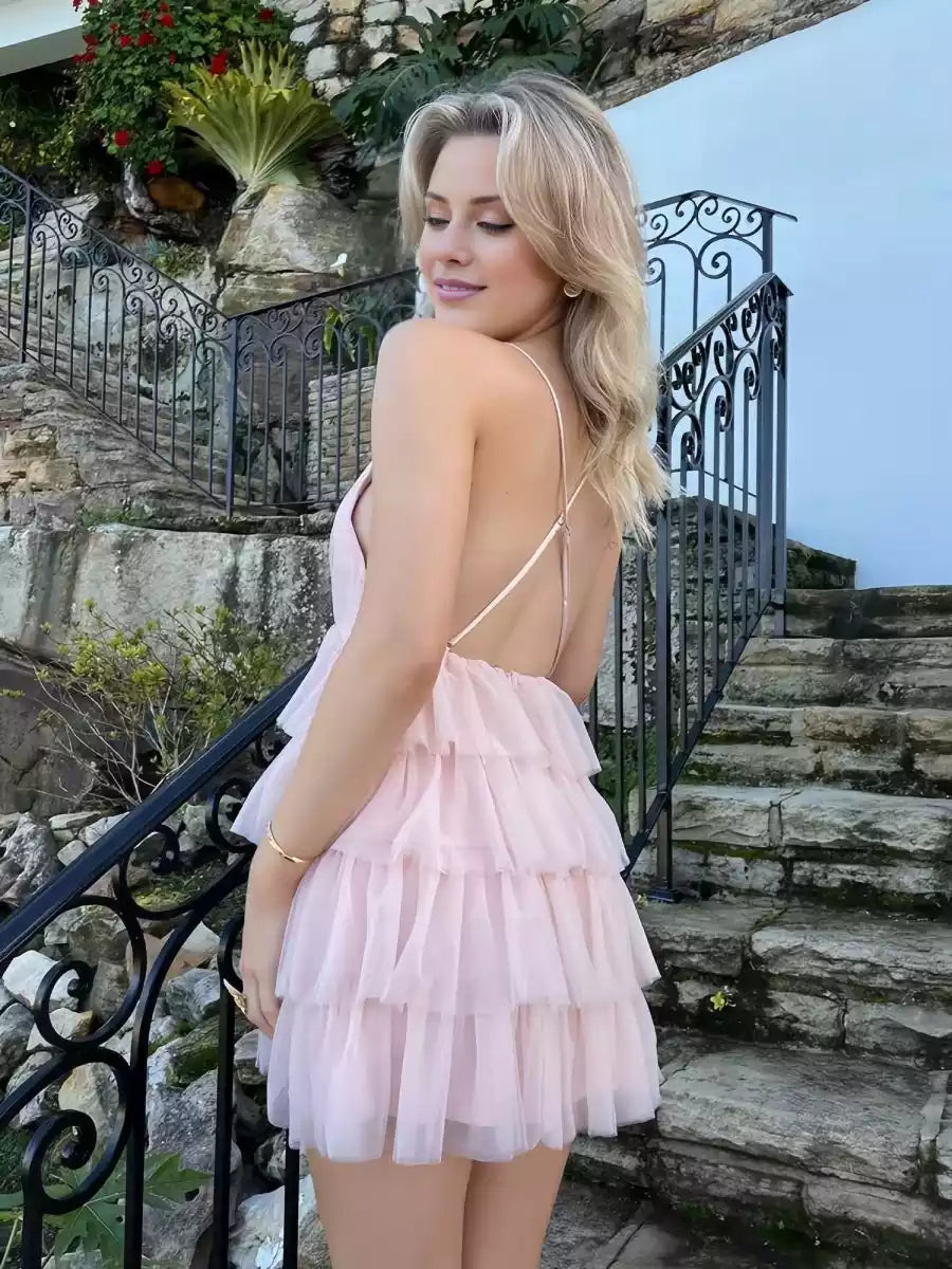 Charming V-neck chiffon A-line mini sleeveless ruffle zipper back Homecoming Dresses